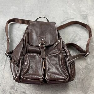 Coolcy Dark Brown Pebbled Leather Multi-Pocket Backpack Rucksack Bag